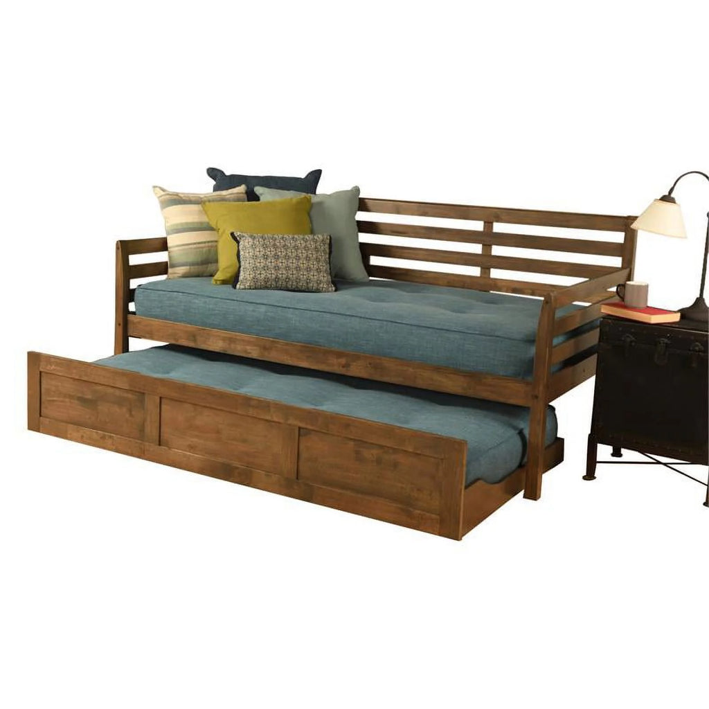 Rustic Walnut Daybed and Trundle with Aqua Mattresses R794