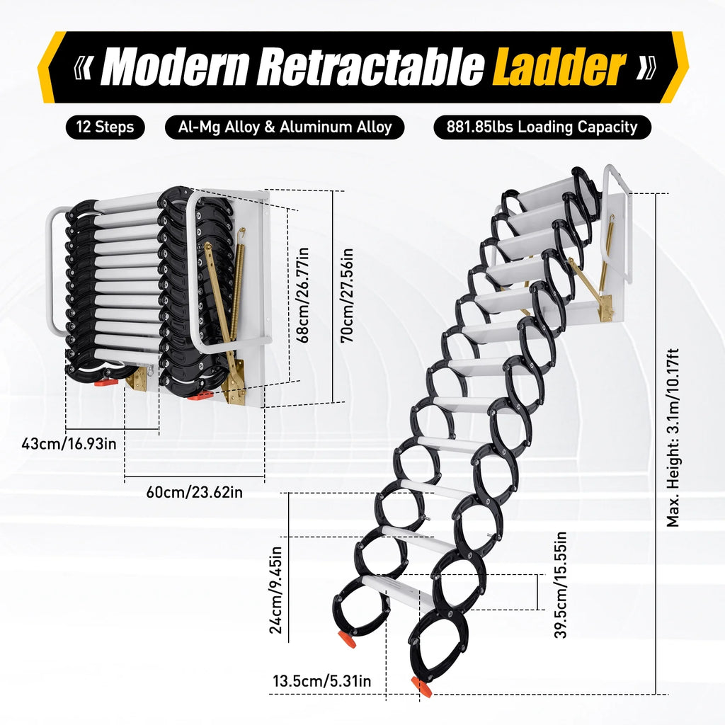 Telescopic Pull-down Attic Ladder Stairs, 12 Steps Wall Mounted Folding Scissor Structure Collapsible Stairs, Black O644