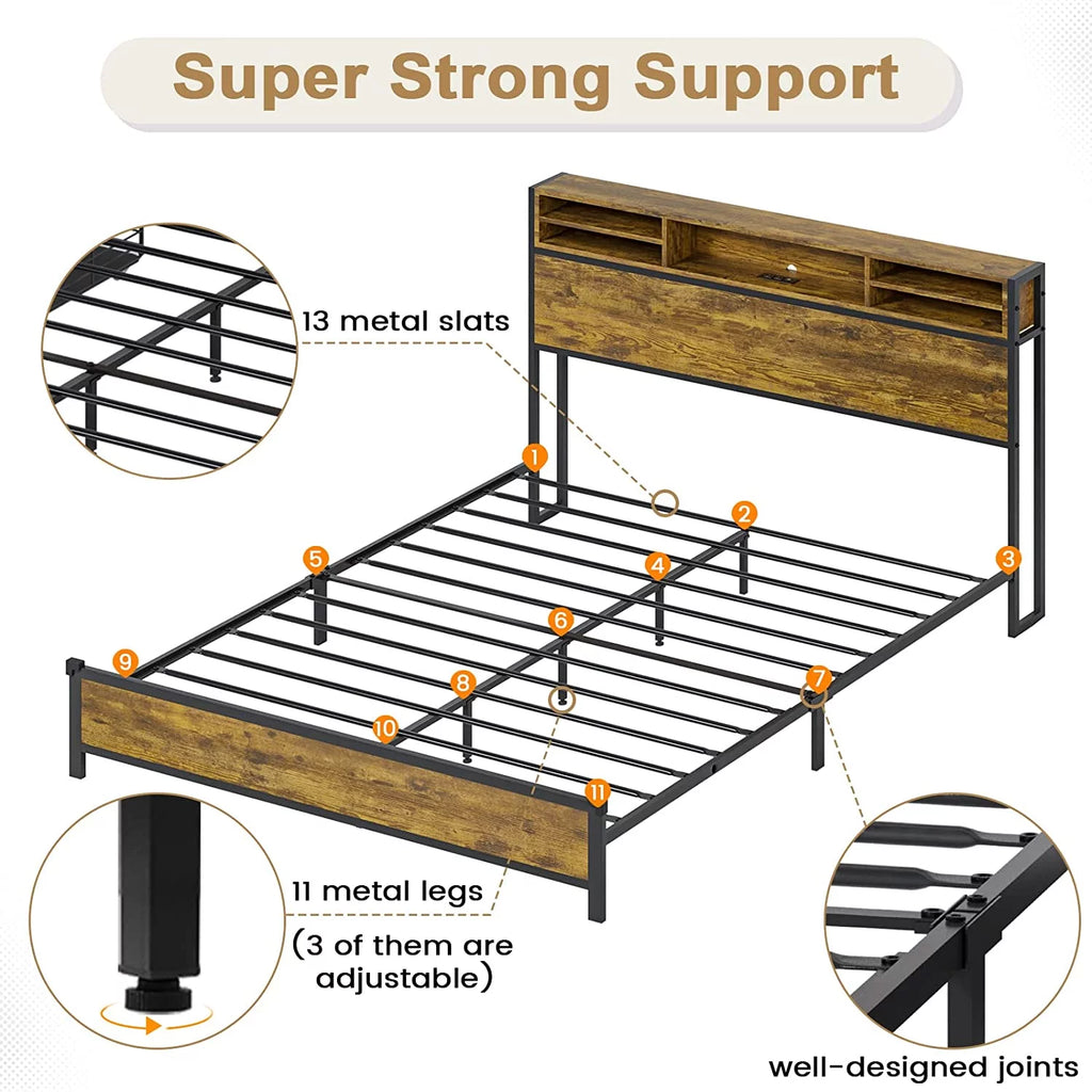Queen RGB Led Light Metal Platform Bed with Storage Headboard O609