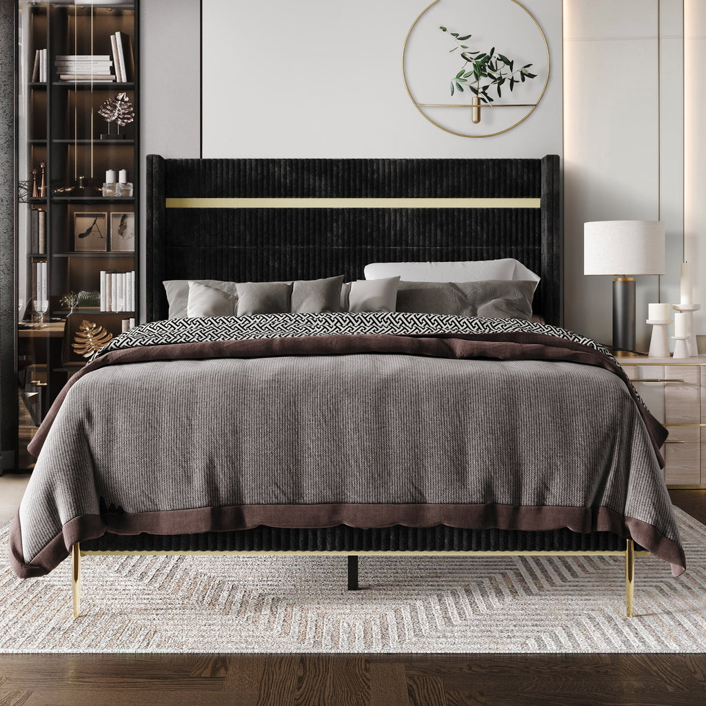 Gold PU Strip Velvet Upholstered Wingback Headboard Bed O507