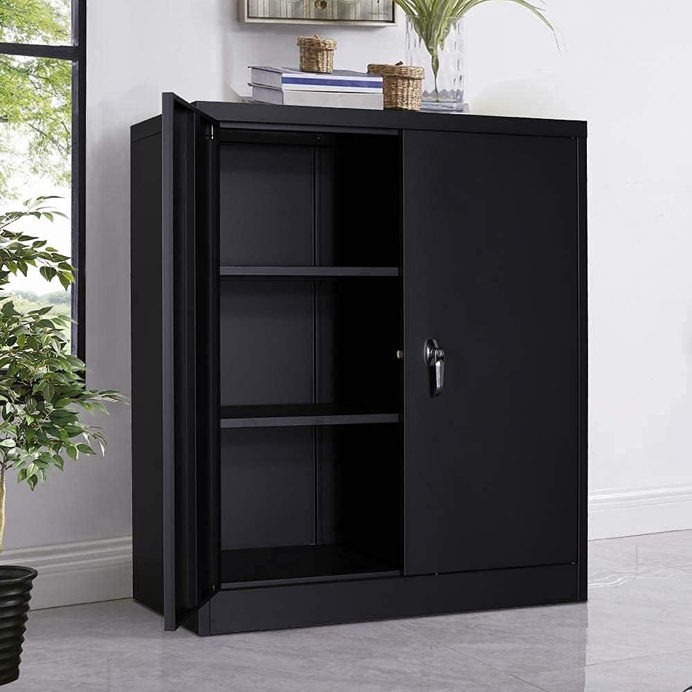 Black Metal Storage Cabinet with 2 Adjustable Shelves M2386
