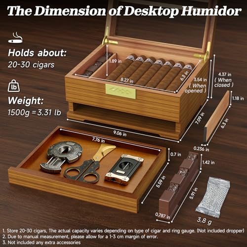Cedar Wood Desktop Humidor Box with Digital Hygrometer and Glass Top L11359