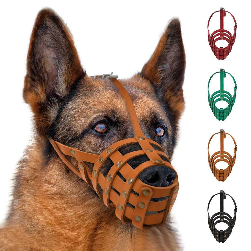 Leather Dog Muzzle Adjustable Breathable Medium Large Breeds Black Brown Red P9372