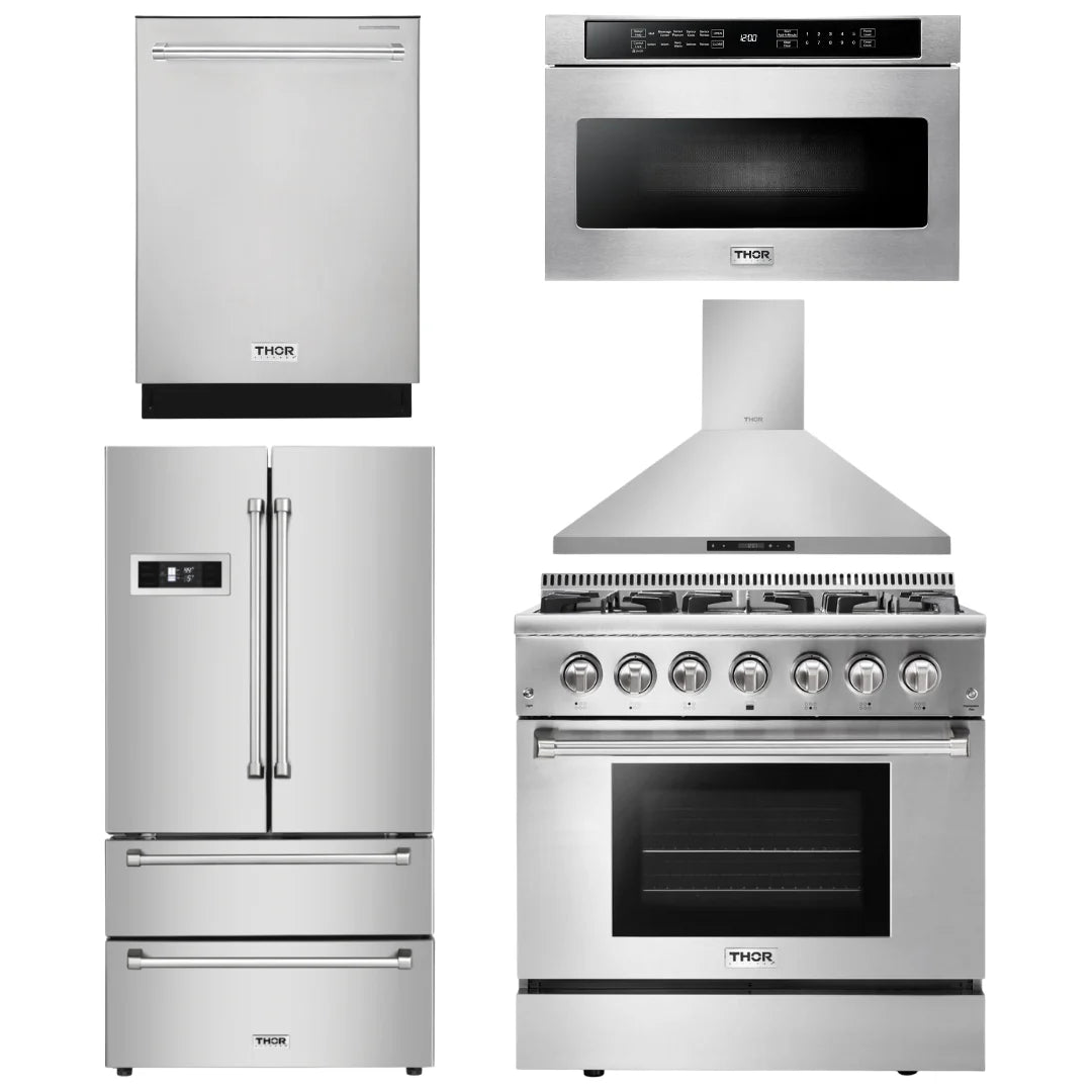 36 Dual Fuel Range, Range Hood, Microwave, Refrigerator, Dishwasher D814