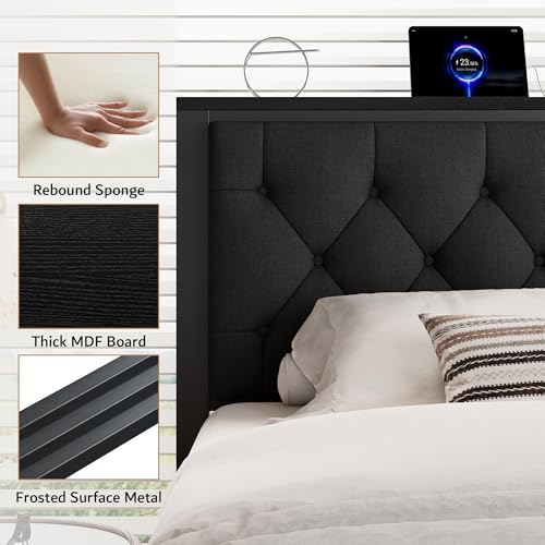 Twin Bed Frame with Storage Drawers Linen Upholstered Headboard Grey D93391