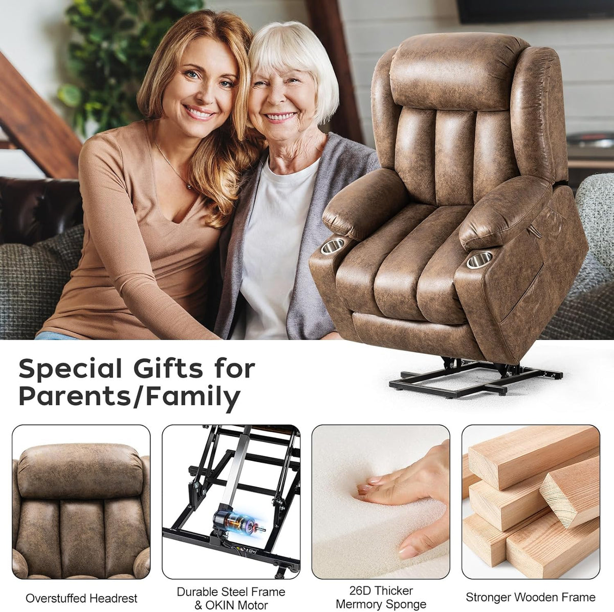 Light Brown Power Lift Recliner with Heated and Massage, USB, Cup Holder Z724958
