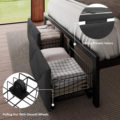 Twin Bed Frame with Storage Drawers Linen Upholstered Headboard Grey D93391