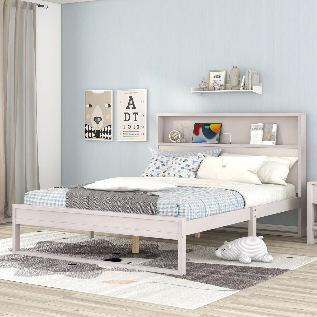 White Queen Size Platform Bed Frame with Storage P7867