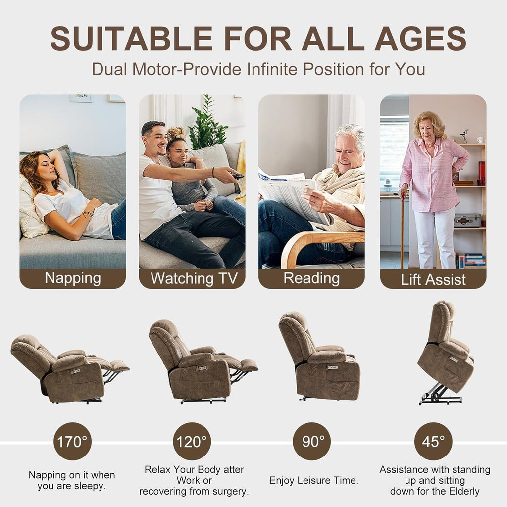 Light Brown Power Lift Recliner with Heated and Massage, USB, Cup Holder Z724958