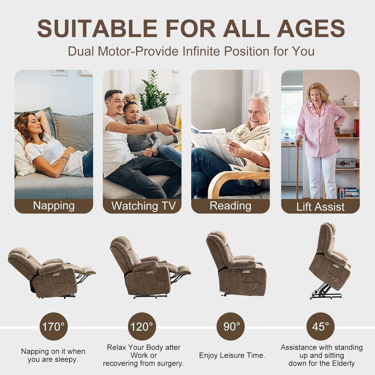 Light Brown Power Lift Recliner with Heated and Massage, USB, Cup Holder Z724958