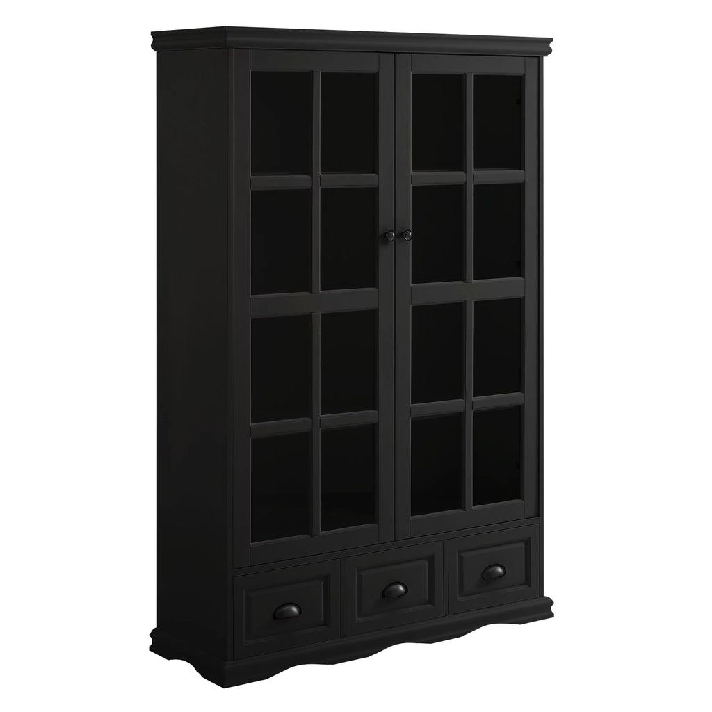 Black Storage Cabinet with Tempered Glass Doors and Triple Drawers O73612