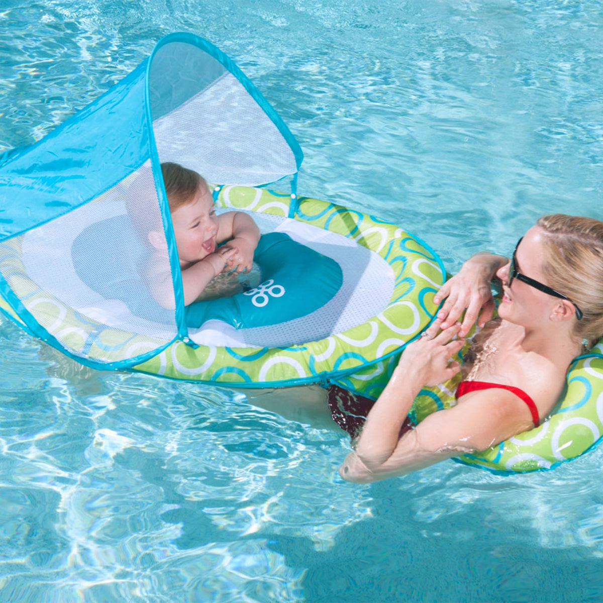 Green/Blue Inflatable Baby Spring Float with Removable UPF 50 Sun Canopy Y15682