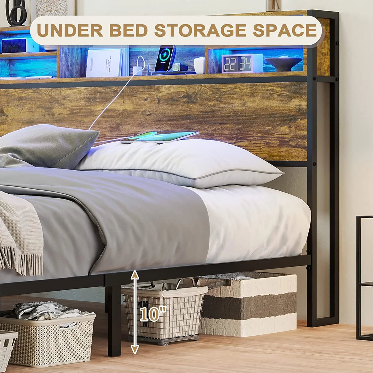 Queen RGB Led Light Metal Platform Bed with Storage Headboard O609
