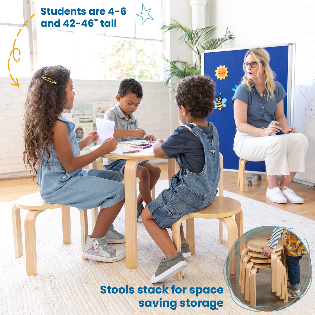 Bentwood Round Table and Stool Set, Natural, 5-Piece R89343
