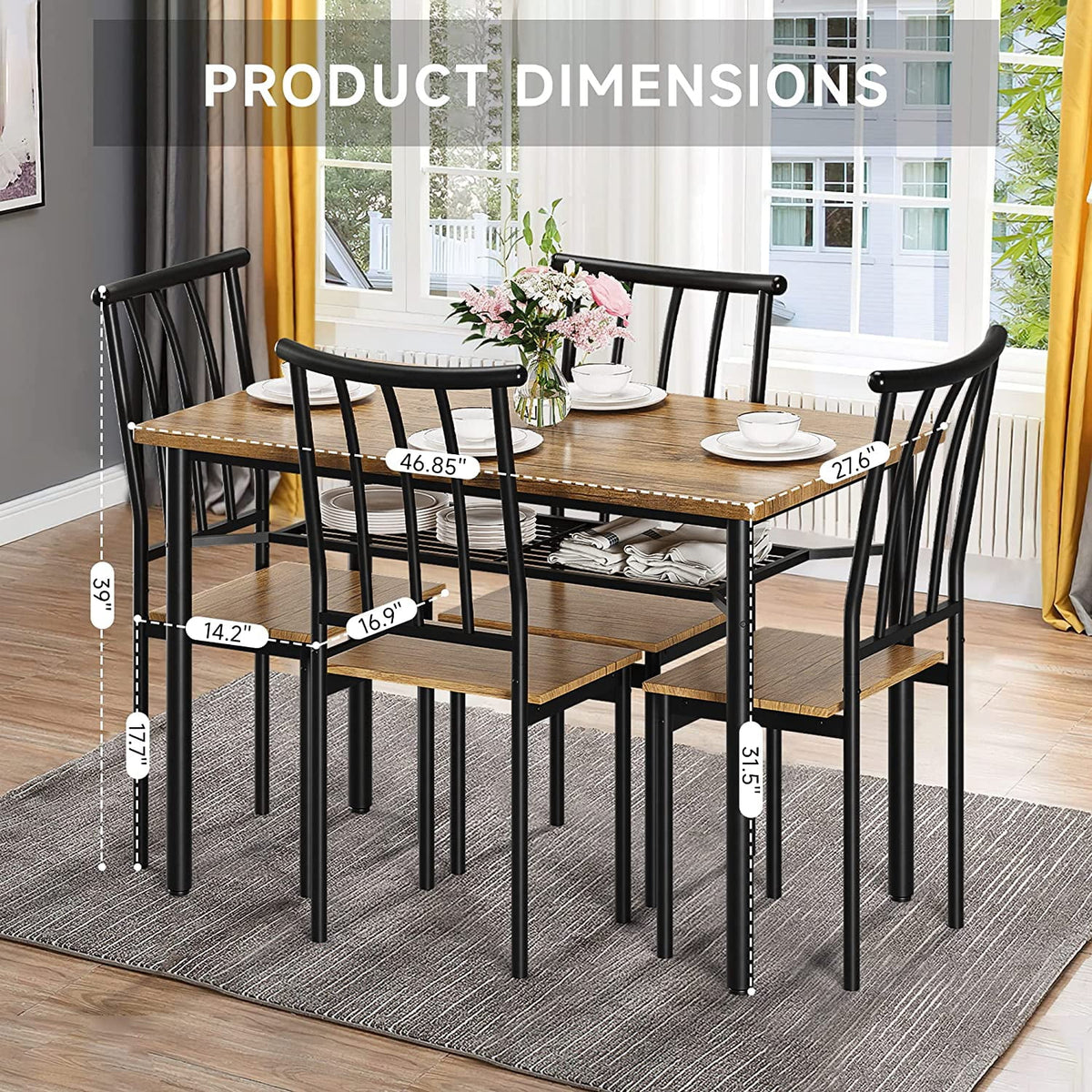 5-Piece Kitchen Table and Chairs for 4 with Metal Frame & Storage Rack K948947