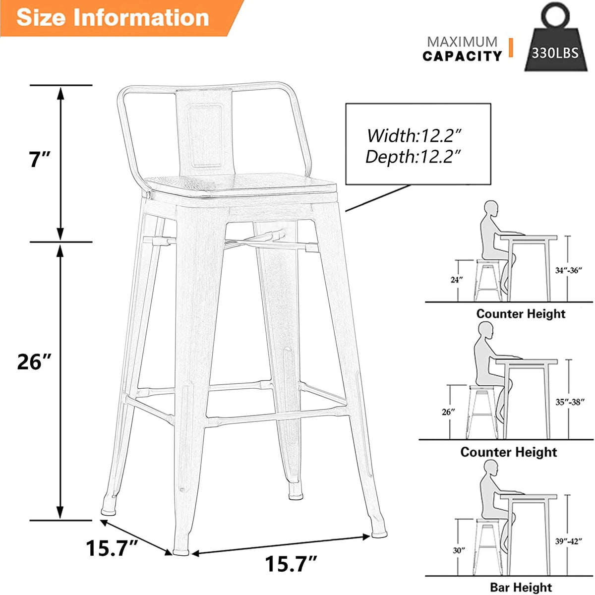 24 Metal Barstools Set of 4 Counter Height with Back N548306