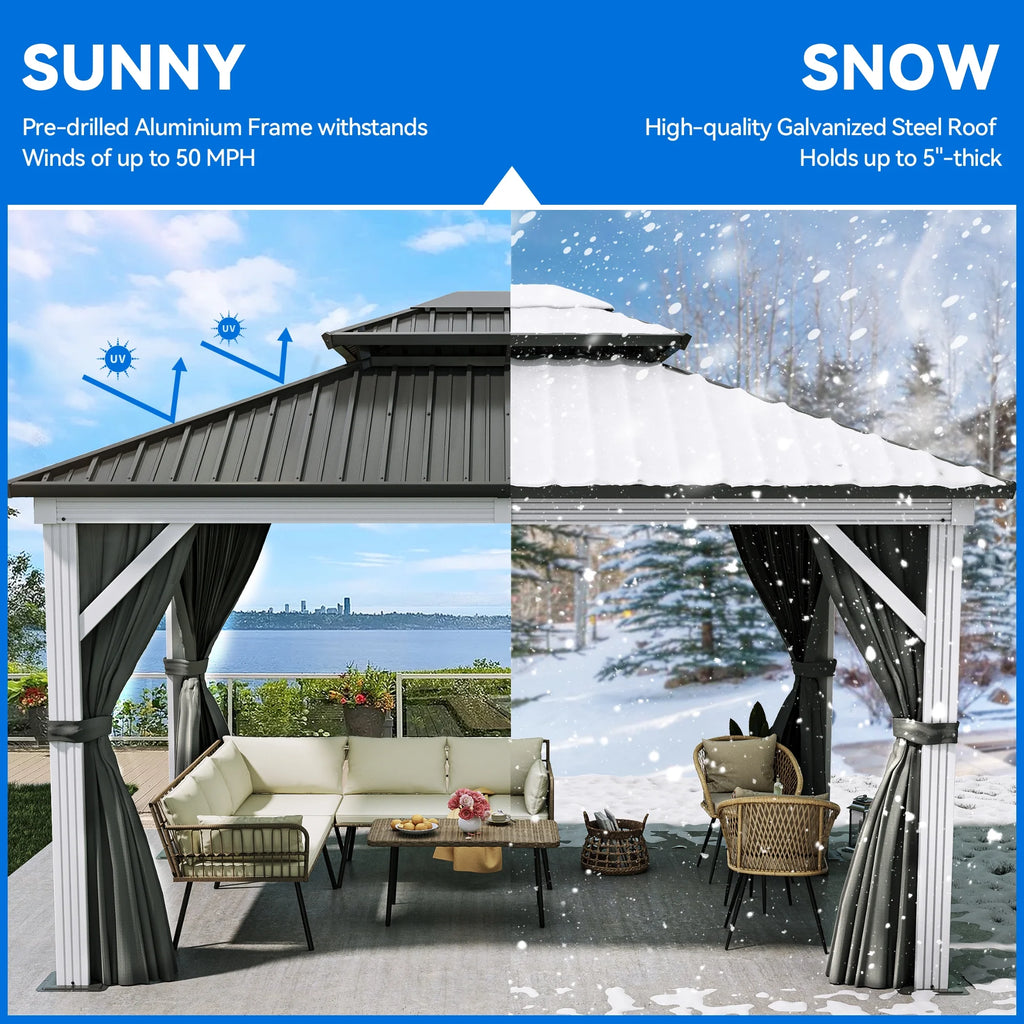 10x12ft Double Roof Hardtop Gazebo with Netting and Curtains T857336