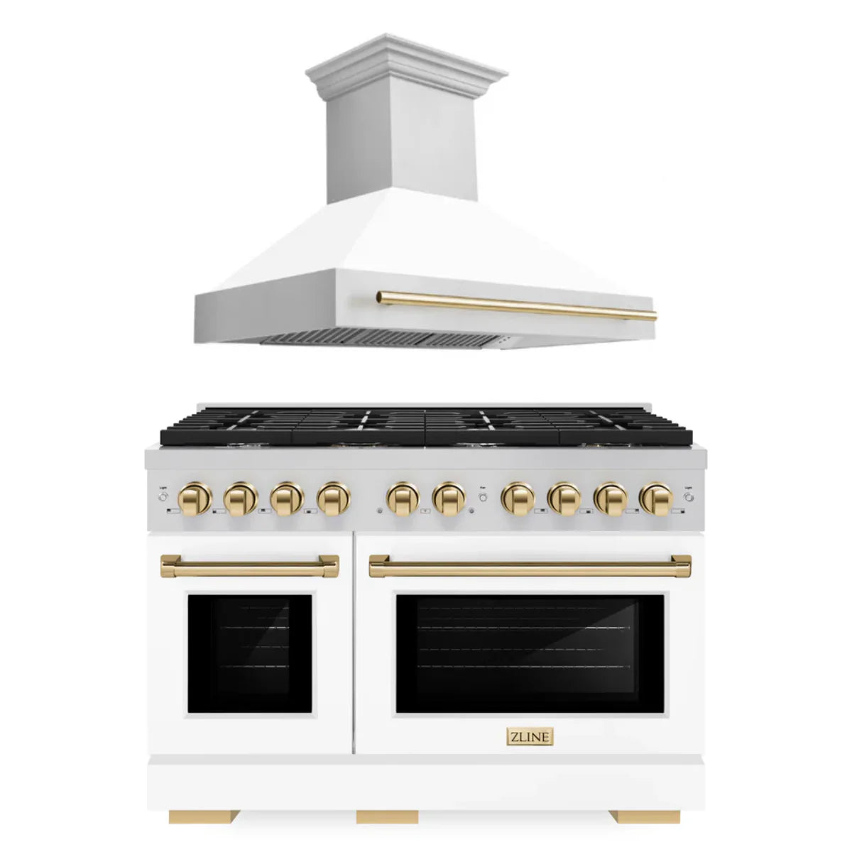 48 In. Gas Range and Range Hood with White Matte Finish and Gold Accents F153