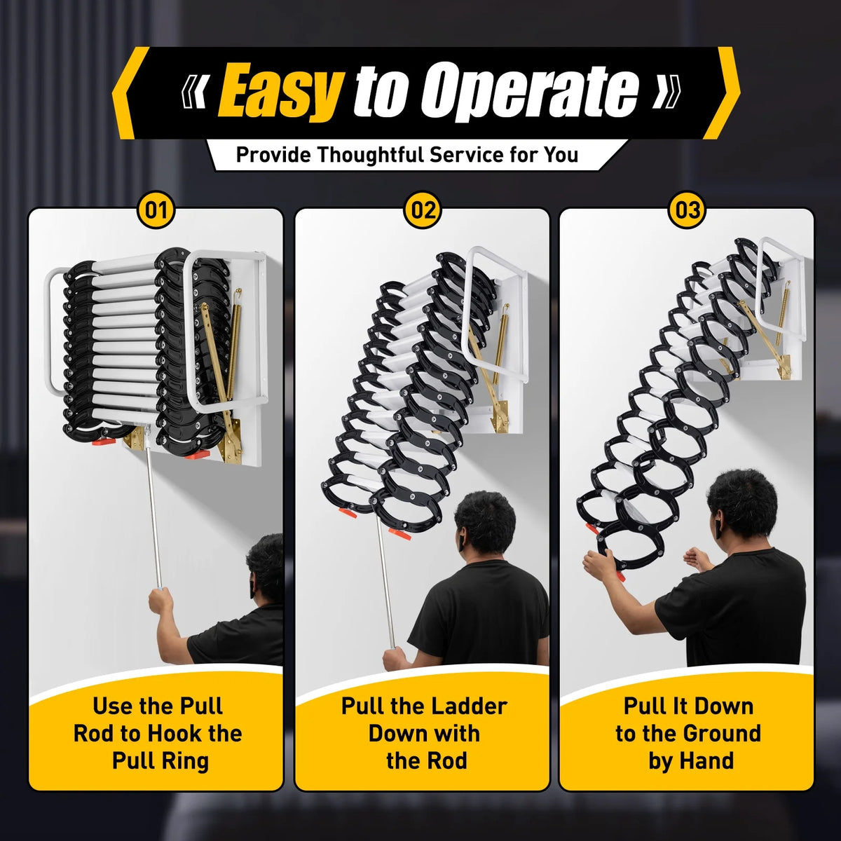Telescopic Pull-down Attic Ladder Stairs, 12 Steps Wall Mounted Folding Scissor Structure Collapsible Stairs, Black O644