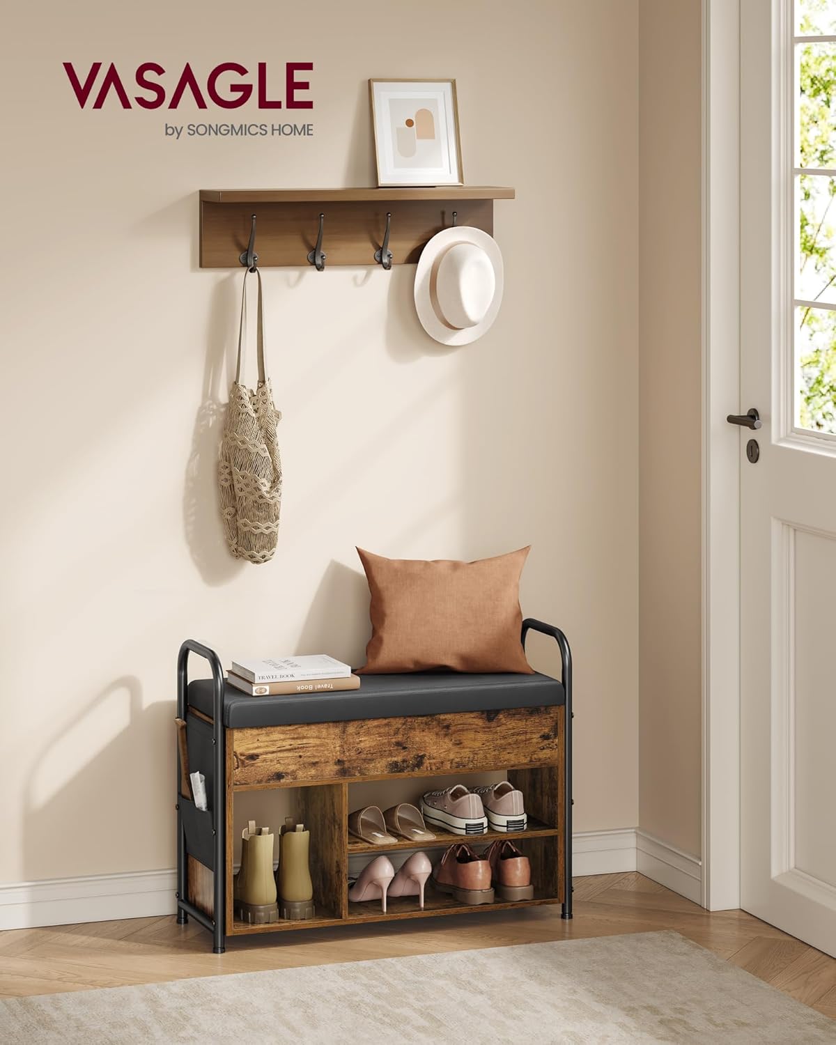 Rustic Brown and Ink Black Shoe Bench with Storage Z691411