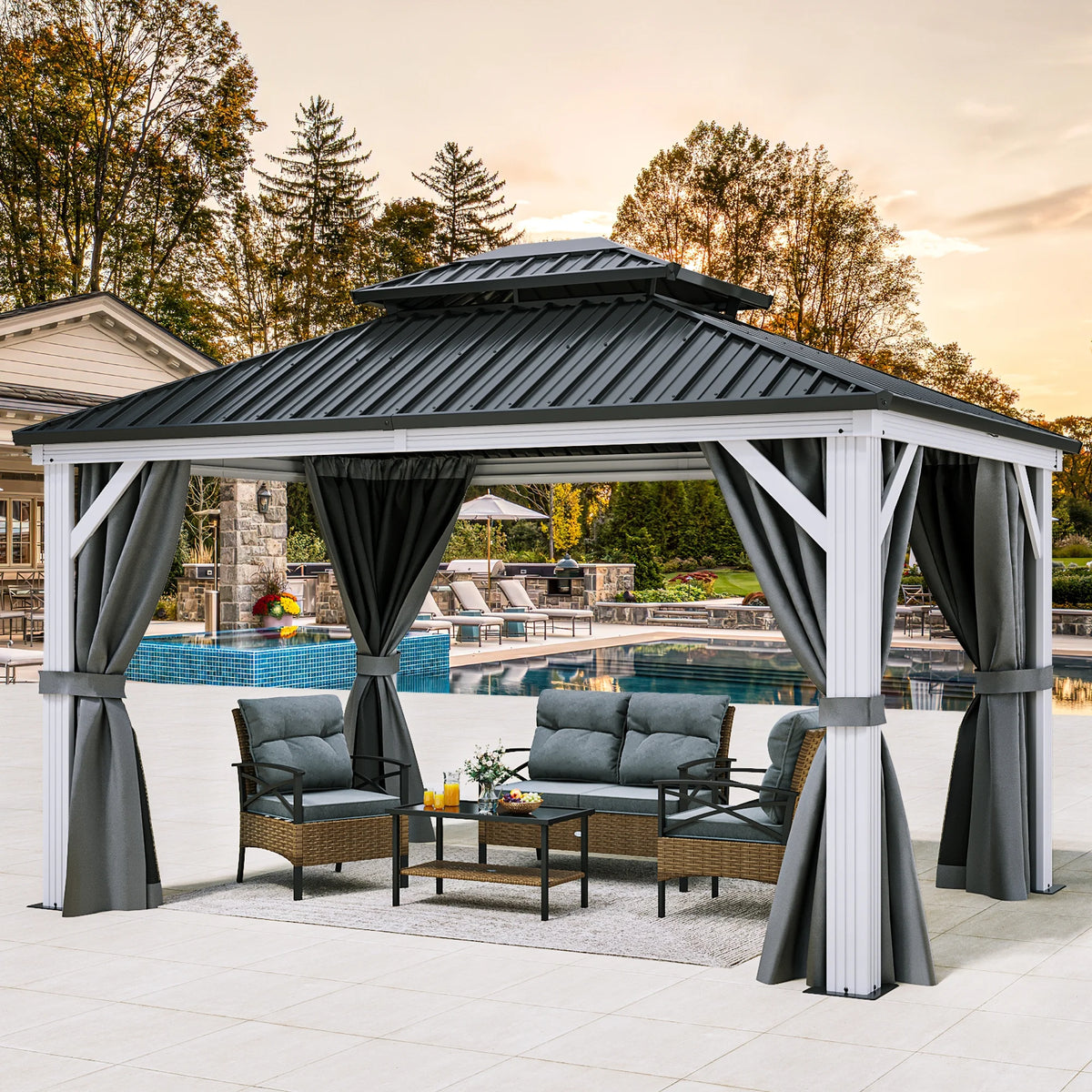 10x12ft Double Roof Hardtop Gazebo with Netting and Curtains T857336