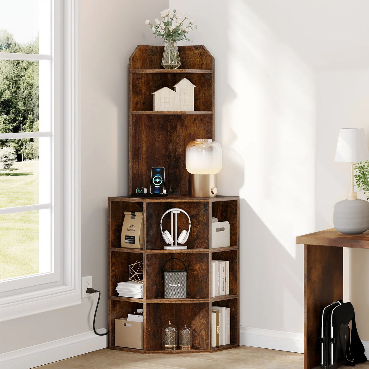 5-Tier Corner Shelf with USB Ports and Outlets Y6020