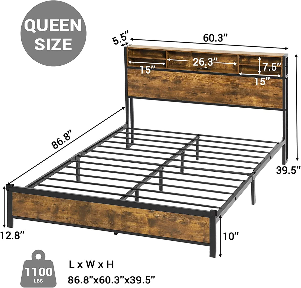 Queen RGB Led Light Metal Platform Bed with Storage Headboard O609