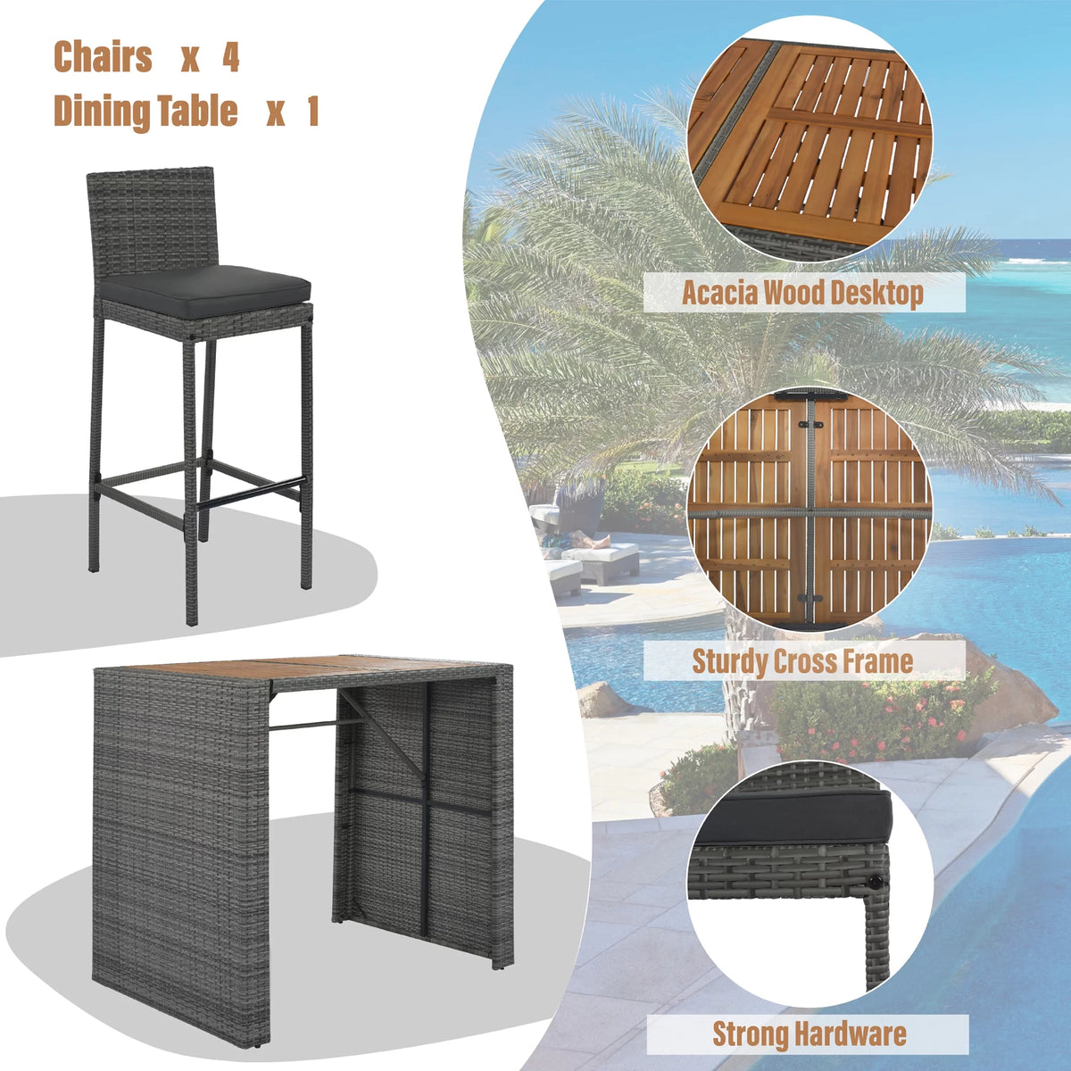 5 Pcs Gray Wicker Patio Bar Dining Table Set V58242