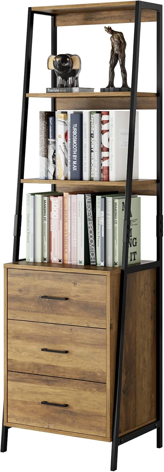 Rustic Brown Ladder Shelves with Fabric Drawers J35513