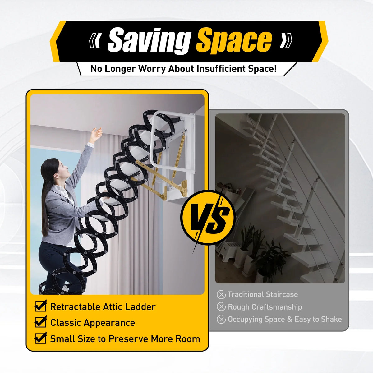 Telescopic Pull-down Attic Ladder Stairs, 12 Steps Wall Mounted Folding Scissor Structure Collapsible Stairs, Black O644