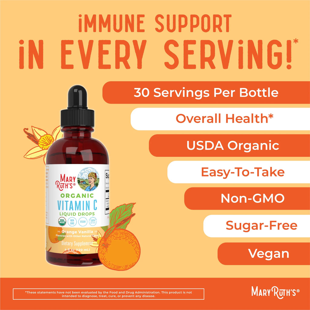 USDA Organic Vitamin C Liquid Drops Orange Vanilla Flavor Vegan Non-GMO 4 fl oz T9974