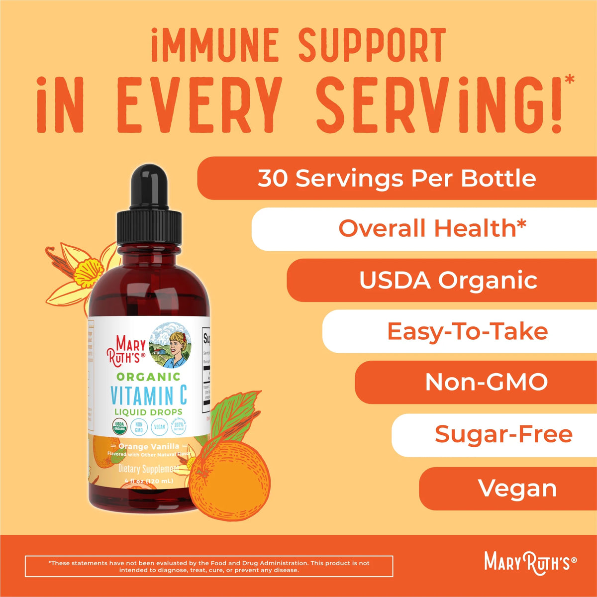 USDA Organic Vitamin C Liquid Drops Orange Vanilla Flavor Vegan Non-GMO 4 fl oz T9974