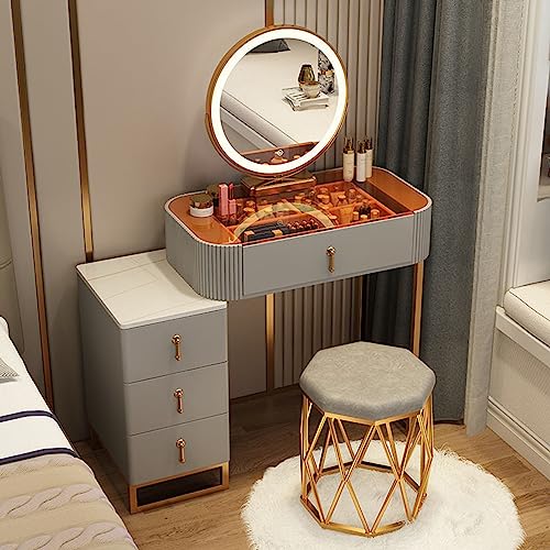 Vanity Set with Large Round Lighted Mirror, Glass Top, 4 Drawers and Cushioned Stool G14741