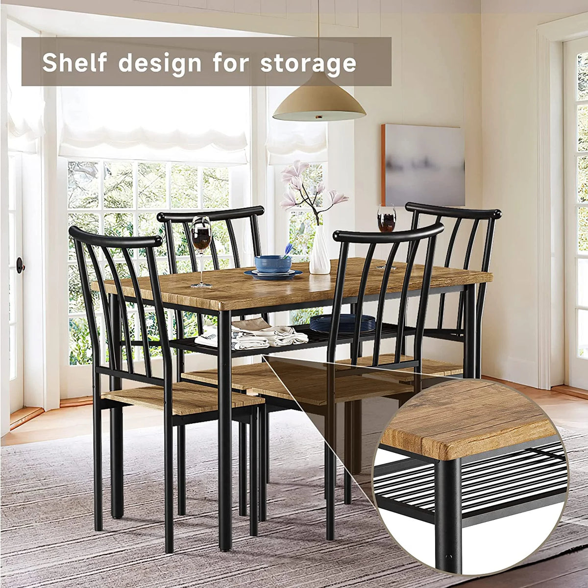 5-Piece Kitchen Table and Chairs for 4 with Metal Frame & Storage Rack K948947