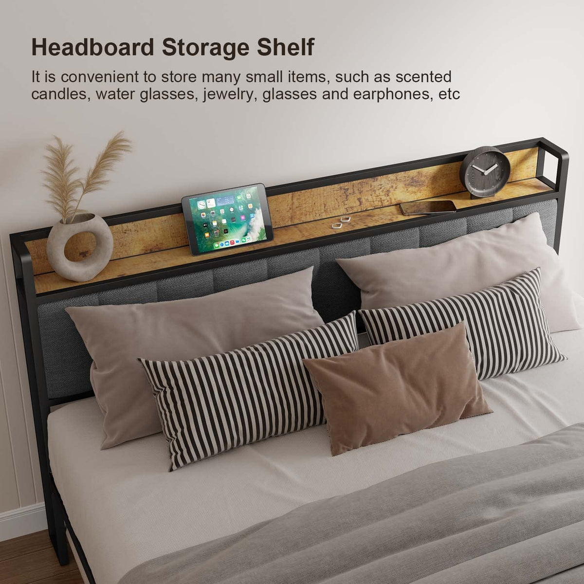 Queen Size Dark Grey Bed Frame with Storage Headboard D61008