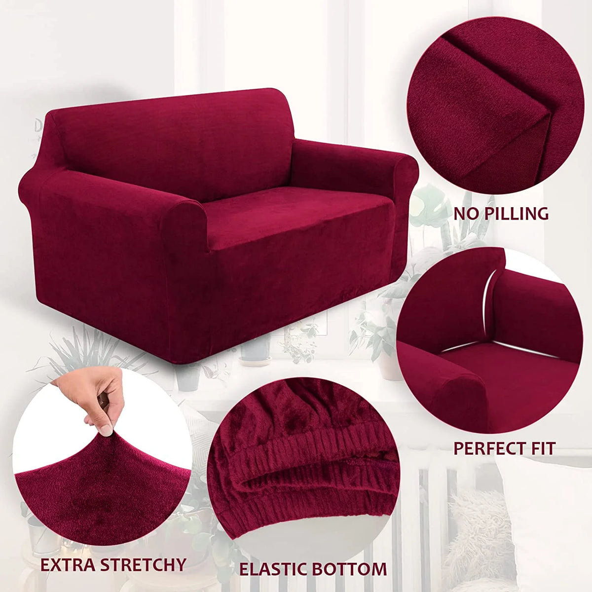 Wine Red Plush Sofa Cover for 2-Seater Furniture X3944
