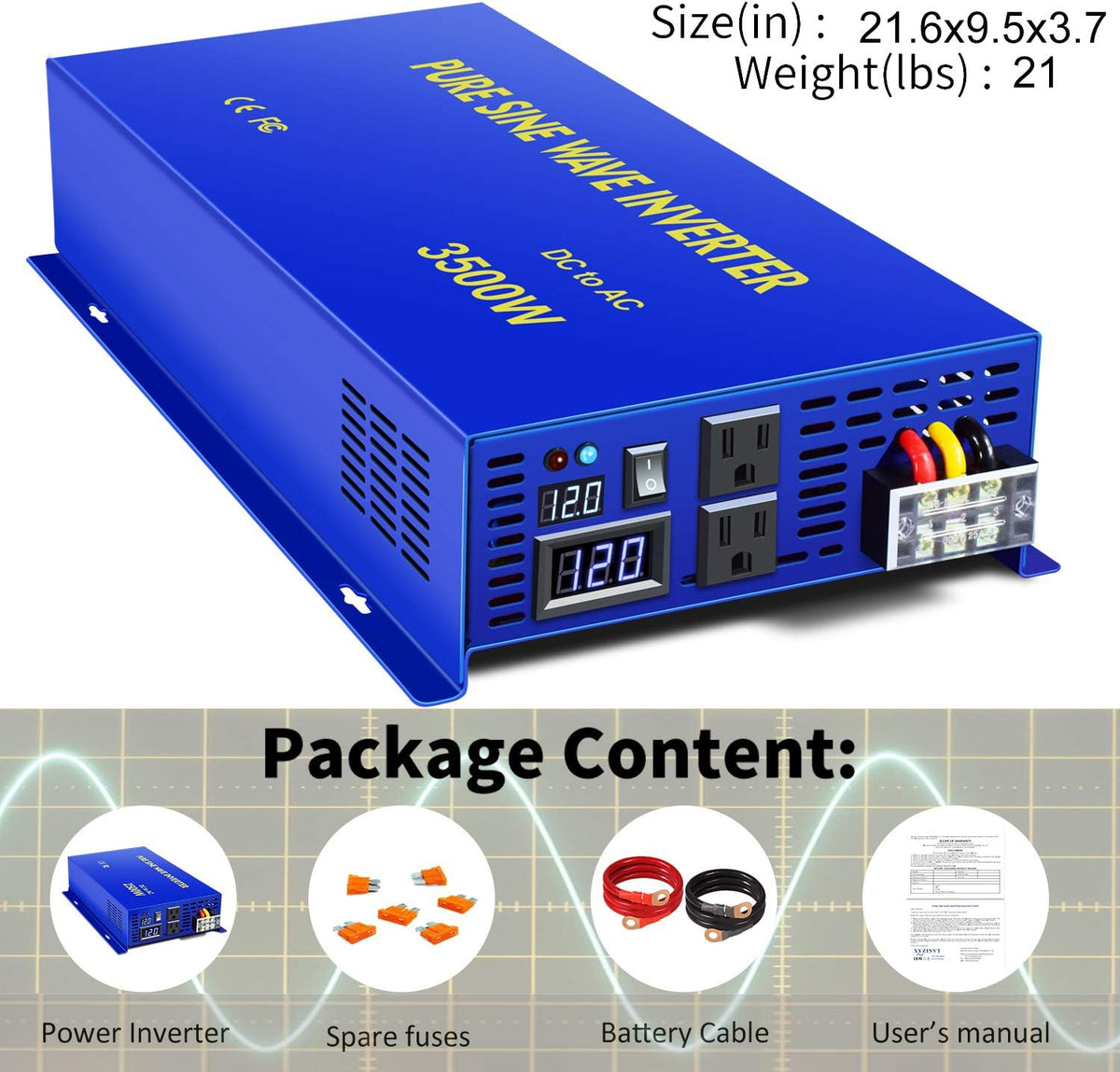 3500W Pure Sine Wave Power Inverter DC 12V to AC 110V with LCD Display H3261
