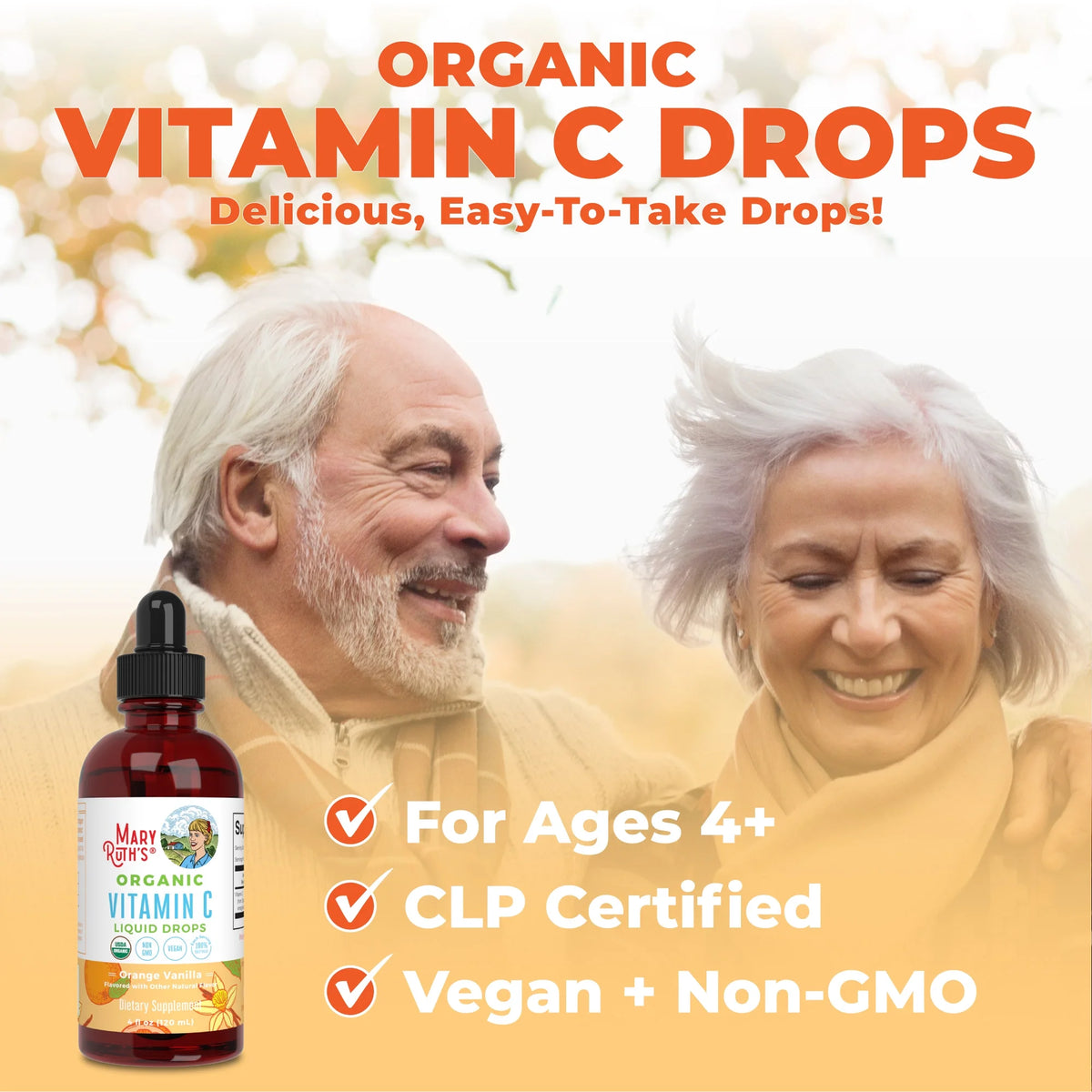 USDA Organic Vitamin C Liquid Drops Orange Vanilla Flavor Vegan Non-GMO 4 fl oz T9974