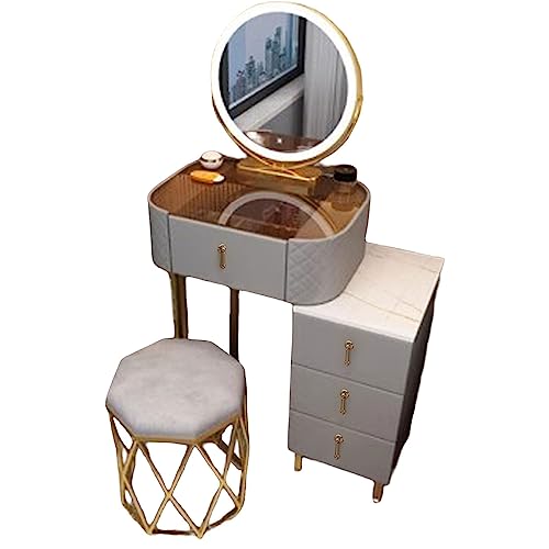 Vanity Set with Large Round Lighted Mirror, Glass Top, 4 Drawers and Cushioned Stool G14741