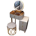 Vanity Set with Large Round Lighted Mirror, Glass Top, 4 Drawers and Cushioned Stool G14741
