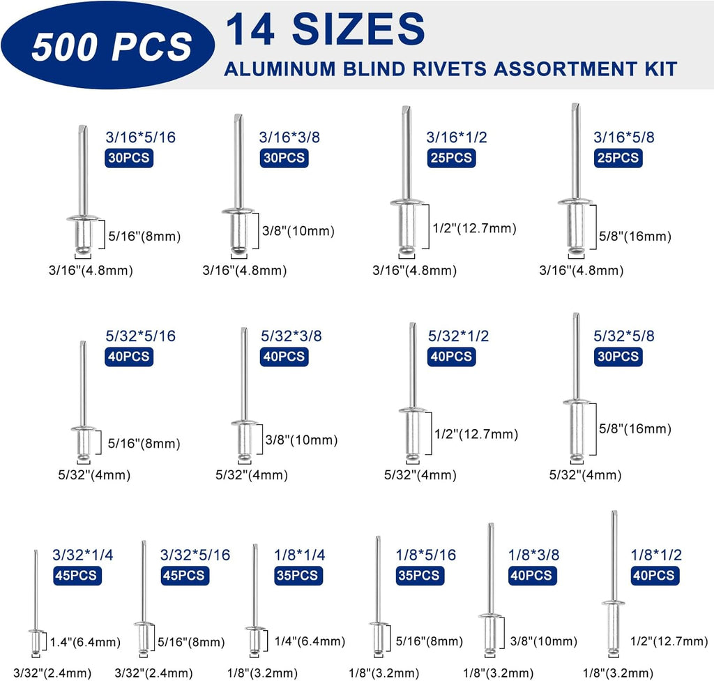 500pcs 14 Sizes Aluminum Blind Rivets Assortment Kit O345