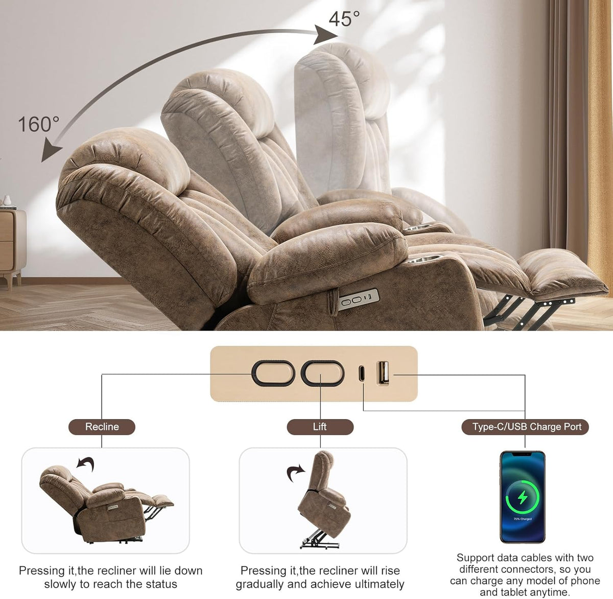 Light Brown Power Lift Recliner with Heated and Massage, USB, Cup Holder Z724958