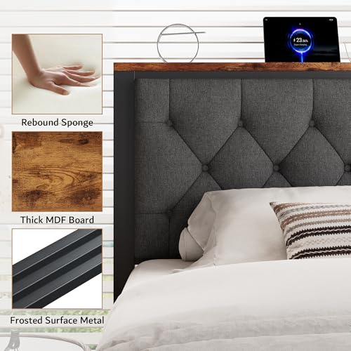 Twin Bed Frame with Storage Drawers Linen Upholstered Headboard Grey D93391