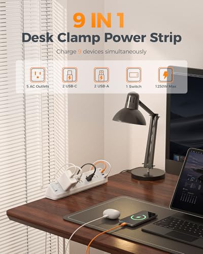 Desk Clamp Power Strip 10 Ft, 5 Outlets with 4 USB Ports S58977