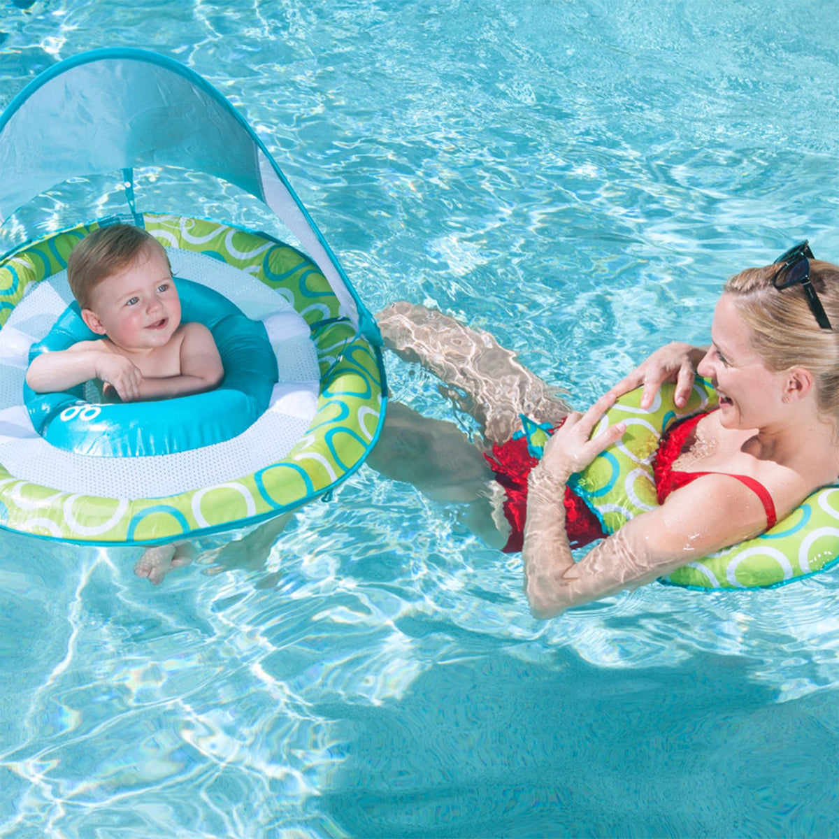 Green/Blue Inflatable Baby Spring Float with Removable UPF 50 Sun Canopy Y15682