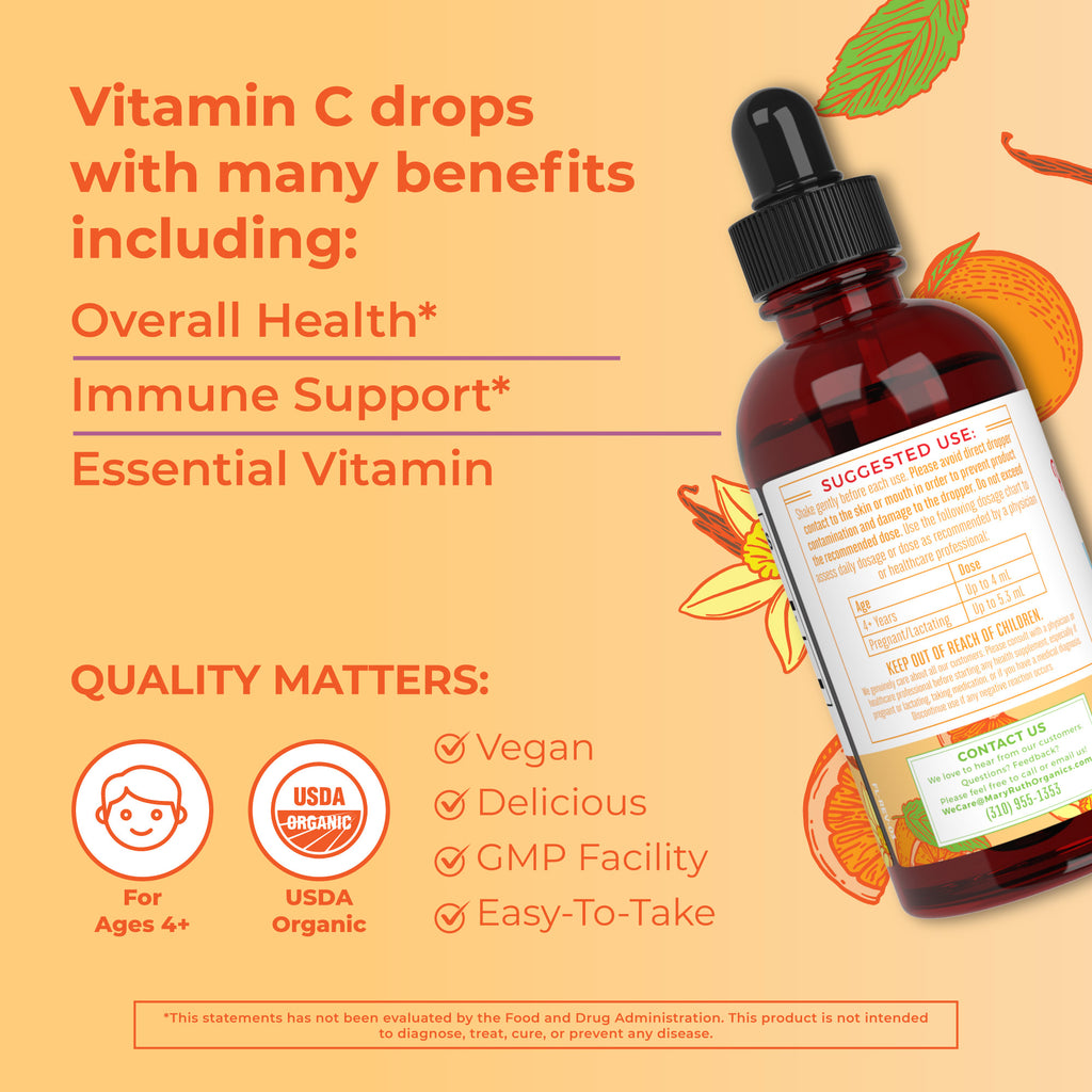 USDA Organic Vitamin C Liquid Drops Orange Vanilla Flavor Vegan Non-GMO 4 fl oz T9974
