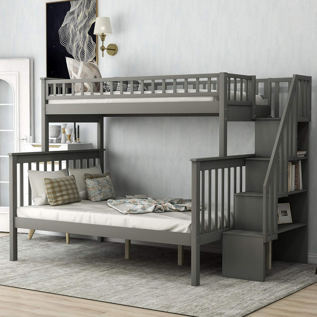 Twin Size White Loft Bed with Desk and Staircase Storage I4222