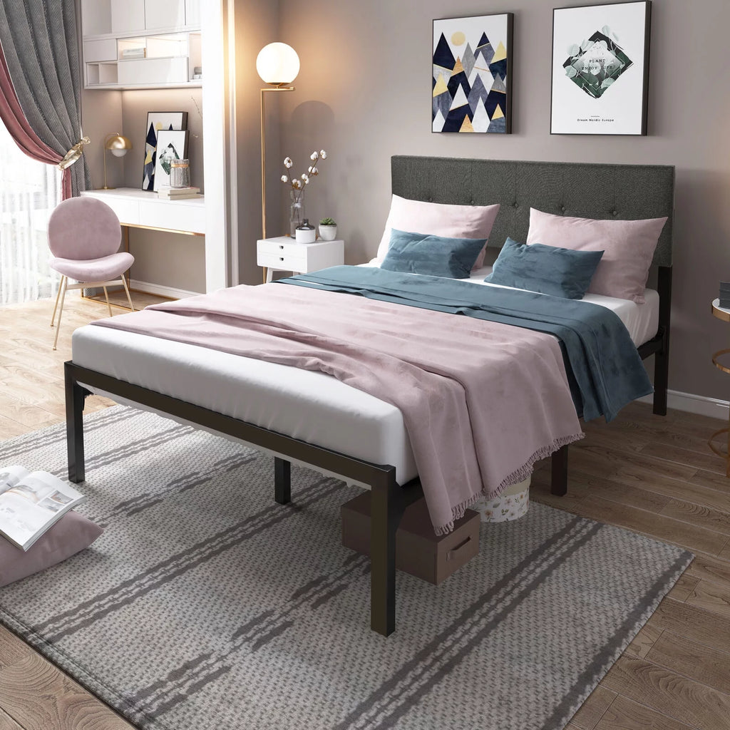 Queen Upholstered Platform Bed Frame with Adjustable Headboard S39742