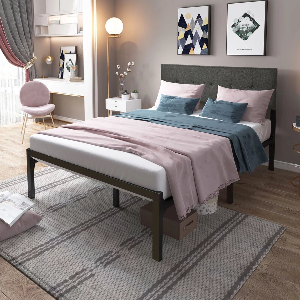 Queen Upholstered Platform Bed Frame with Adjustable Headboard S39742