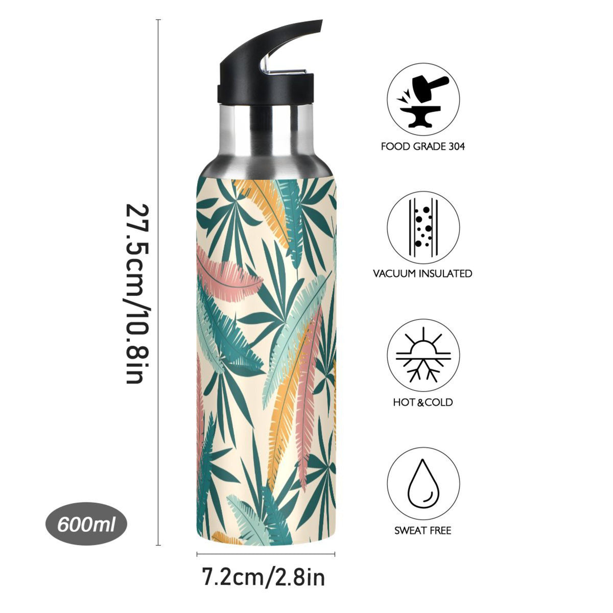 Green Leaves Stainless Steel Insulated Water Bottle with Straw Lid L179102